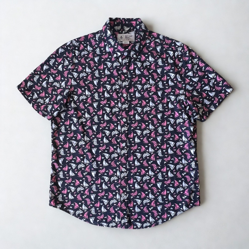 Original Penguin Button Up Shirt LG Navy Pink Sailboat Print Short Sleeve Cotton